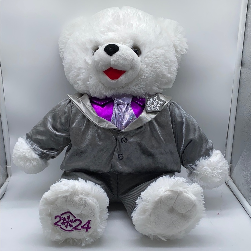 Snowflake Teddy 2024 Plush White and Gray Boy Teddy Bear with Purple Accents 15”